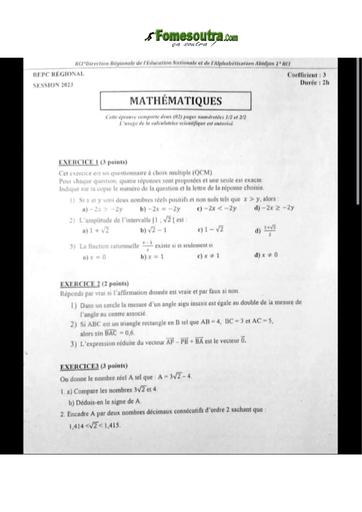 Bepc blanc 2023 Maths Dren Abidjan 1 sujet+barème by Tehua