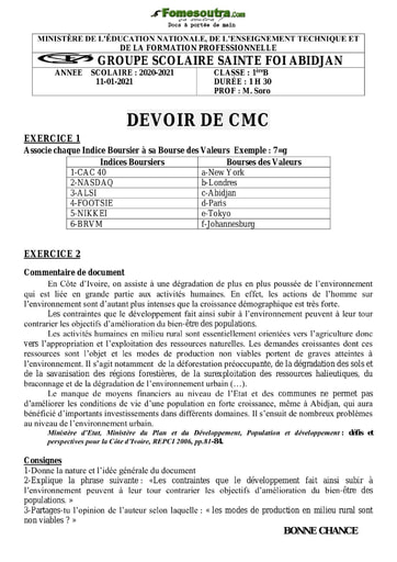 Sujet de CMC niveau 1ere B - Groupe Scolaire Sainte Foi Abidjan