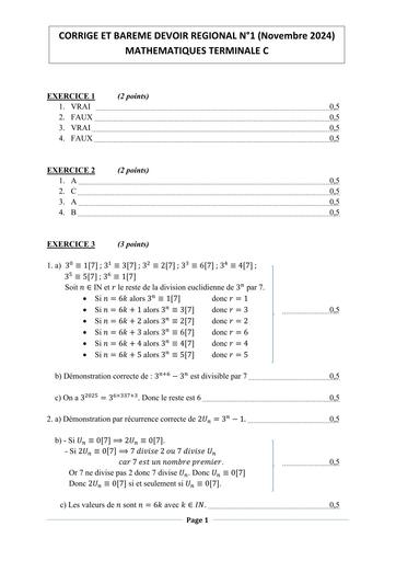 CORRIGE ET BAREME DEVOIR REGIONAL Tle C MATHS 2024 2025 Korhogo by Tehua
