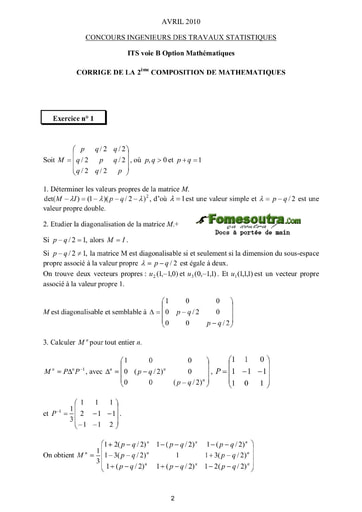 Corrigé 2ème épreuve de maths ITS B option Maths 2010 (ENSEA)