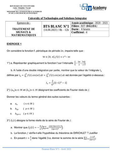 Sujet traitement de signal & mathematique bts 2 RIT IT ACADEMY