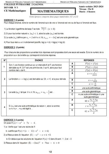 Devoir de maths Tle D Collège Pythagore 2 gagnoa 2024 by Tehua