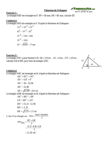 TP corrigé (8) portant sur le théorème de Pythagore - Maths niveau 3eme