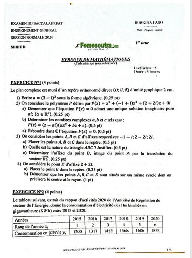 SUJET BAC 2024 MATHS SERIE D BURKINA FASO by Tehua
