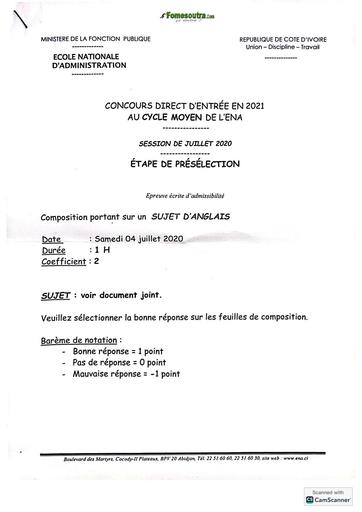 Concours ENA 2021 Cycle moyen présélectIion EPREUVE D'ANGLAIS by TEHUA