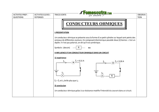 Les conducteurs ohmiques - Physique 3eme