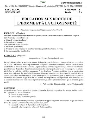 Sujet 3ième BEPC BLANC EDHC  2025 Bondoukou By Tehua