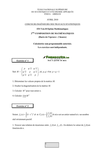 Sujet 2ème épreuve de maths ITS B option Maths 2010 (ENSEA)