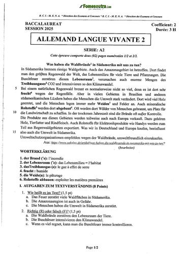 BAC 2025 Côte d'Ivoire SUJET+ BAREME LV2 ALLEMAND SERIE SERIE A2 BY TEHUA