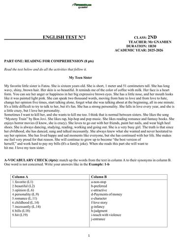 DEVOIR D'ANGLAIS 2nde  MY TEEN SYSTER 2026 BY TEHUA