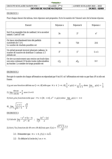 Devoir de Mathématique Niveau Première C Collège Sainte Foi Abidjan 2022