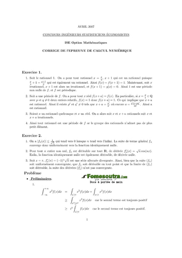 Corrigé Calcul numérique ISE option maths 2007 (ENSEA - ISSEA)
