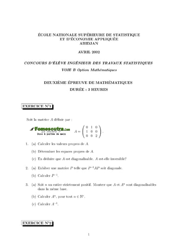 Sujet 2ème épreuve de maths ITS B option Maths 2002 (ENSEA)