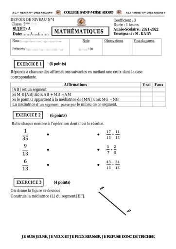 DEVOIR DE NIVEAU MATHS 5è sujet A