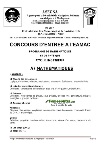 Concours d’entrée a l’EAMAC programme de Mathématiques et de Physique – Cycle Ingénieur