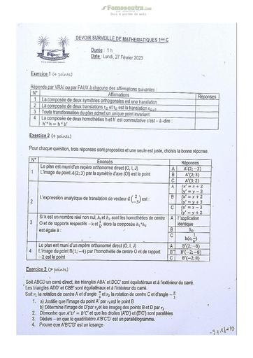 Sujets de mathématiques Première C Lycée Classique Abidjan 22-23