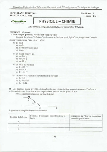 Physique chimie BEPC blanc Avril 2015 DRENET Ferkessédougou
