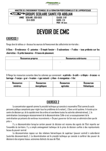 Devoir BT 3 2020 2021 Collège Sainte Foi