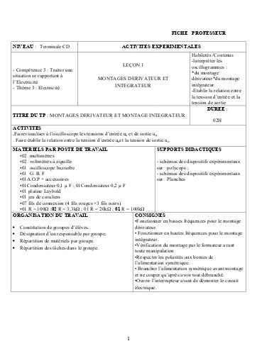 FICHE PROFESSEUR 11   MONTAGE DERIVATEUR  MONTAGE INTEGRATEUR