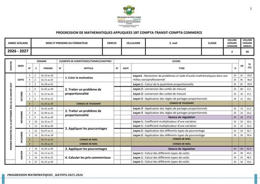 PROGRESSION MATHS Appliquées 1 BT C TRANSIT CC 26 27 by TEHUA