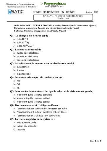 Sujet de Physique / Electronique concours d'entrée en Licence - ESATIC 2017