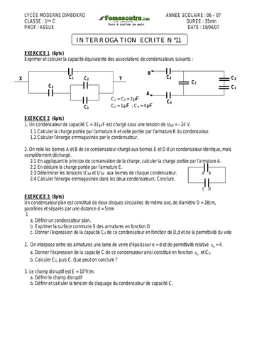 Interrogation (6) de Physique 1ère C Lycée Moderne de Dimbokro