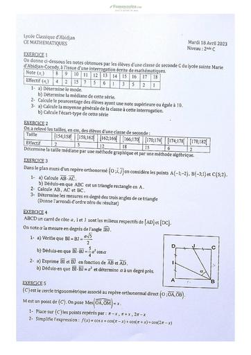 Sujet de Mathématiques Seconde C Lycée Classique Abidjan 2022-2023