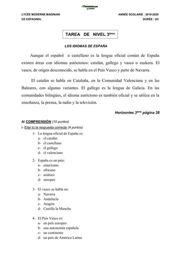 SUJET 3ième Devoir d'ESPAGNOL   LOS IDIOMAS DE ESPAÑA by TEHUA