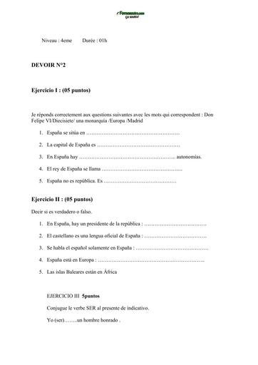 DEVOIR D'ESPAGNOL N°2 NIVEAU 4ième by TEHUA