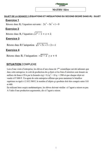COURS DE VACANCES MATHS 1ière SUJET 3 (ÉQUATIONS ET INÉQUATIONS DU SECOND DEGRÉ DANS IR) BY TEHUA