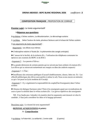 BEPC BLANC 2026 DRENA ABOISSO SUJET COMPOSITION Française (BAREME) by TEHUA