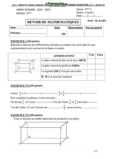 Devoir surveillé 4è MATHS