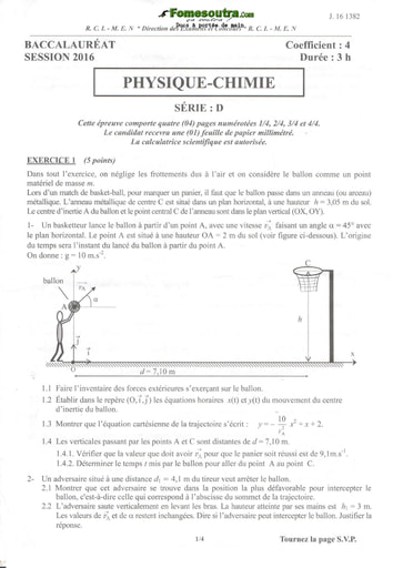 Sujet de Physique-Chimie BAC D 2016