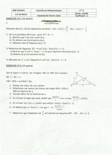 Sujet (4) Maths niveau 1ere C - CSM Cocody
