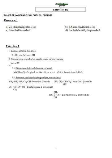 COURS DE VACANCES CHIMIE Tle CORRIGE SUJET 2 (ALCOOLS) BY TEHUA