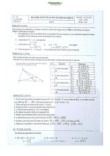 Sujets de mathématiques Première C Lycée Classique Abidjan 2021-2022