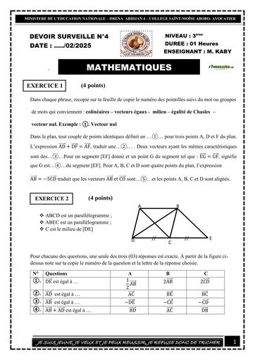 DEVOIR DE MATHS 3ième VECTEURS TRIMESTRE 2 KABY BY TEHUA