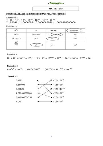 COURS DE VACANCES MATHS 4ième CORRIGE SUJET 1 (NOMBRES DECIMAUX RELATIFS) by TEHUA