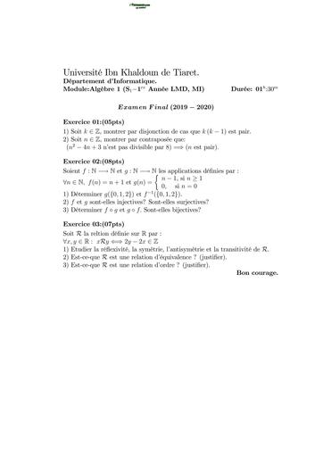 Examen2 Algèbre 1 MI L1 Tiaret by TEHUA