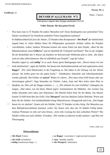 DEVOIR d'Allemand TLE A 2E TR LMD Voller Einsatz für den guten Zweck