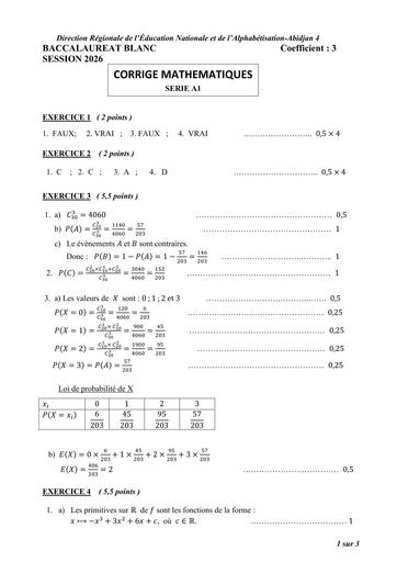 Bac blanc 2026 Maths série A1 barème Drena Abidjan 4 By Tehua