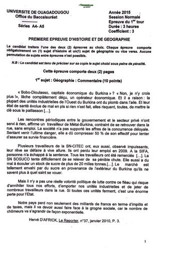 HIST GEO BAC A4,A5 2015 1er TOUR SESSION NORMALE