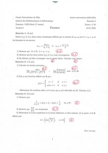 Examen1 Corrigé Analyse 1 MI 2024 BY TEHUA