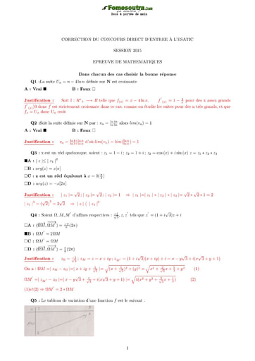 Sujet corrigé de Mathématiques Concours direct d’entrée à l'ESATIC session 2015