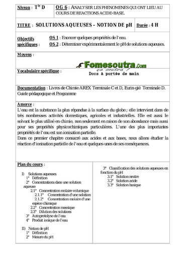 Solutions aqueuses – Notion de pH - Chimie Terminale D