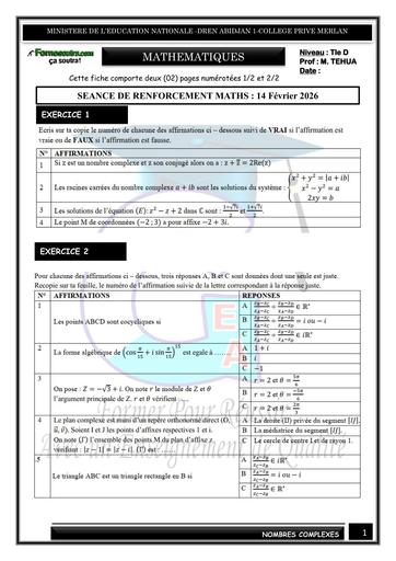 SEANCE DE RENFORCEMENT MATHS Tle D complexe et etude de fonction LN du 14 Février 2026 by TEHUA