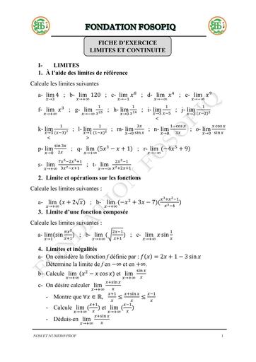 FICHE EXERCICES SUR CALCULS DE LIMITES by Tehua