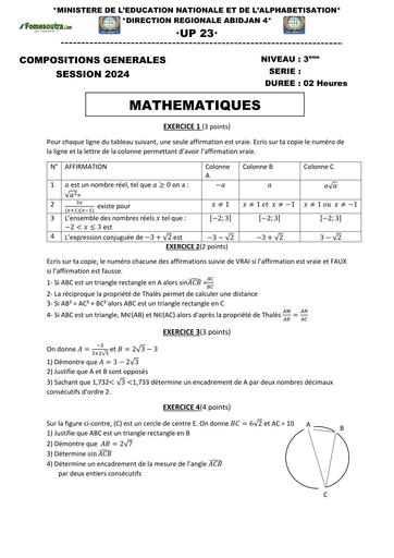 COMPOSITION GENERALE DECEMBRE 2024 UP 23 SUJET MATHS 3ieme by TEHUA