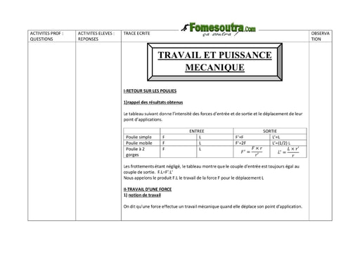 Travail et puissance mécanique - Physique 3eme