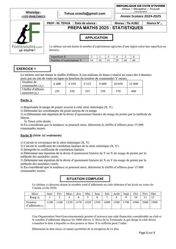 PREPA BAC 2025 MATHS SERIE A1&2 FICHE SUR STATISTIQUES A DOUBLE VARIABLES 17 MAI 2025 BY TEHUA